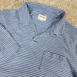 Todd Snyder Mens Large Blue White Striped Stretch Knit Johnny Collar Polo SS